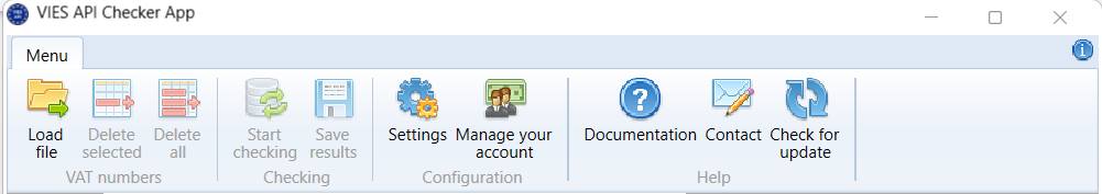 VIES checker application menu 