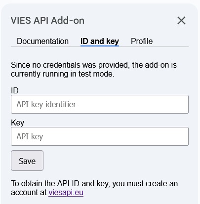 Vies API Google Sheets add-on configuratie-id en sleutel
