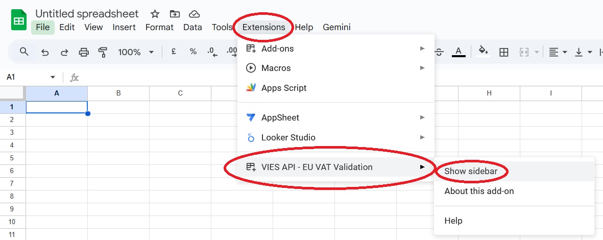 Vies API Google Sheets add-on configuratie zijbalk
