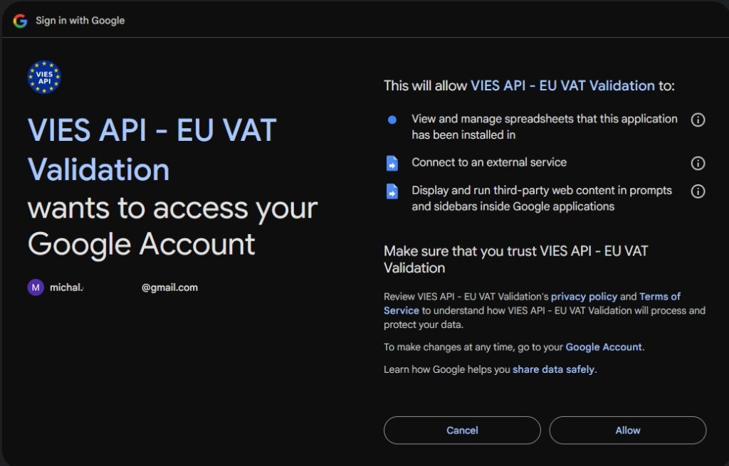 Vies API Google Sheets-invoegtoepassing installatiemachtigingen toestaan