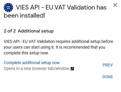 Vies API Google Sheets-add-on geïnstalleerd